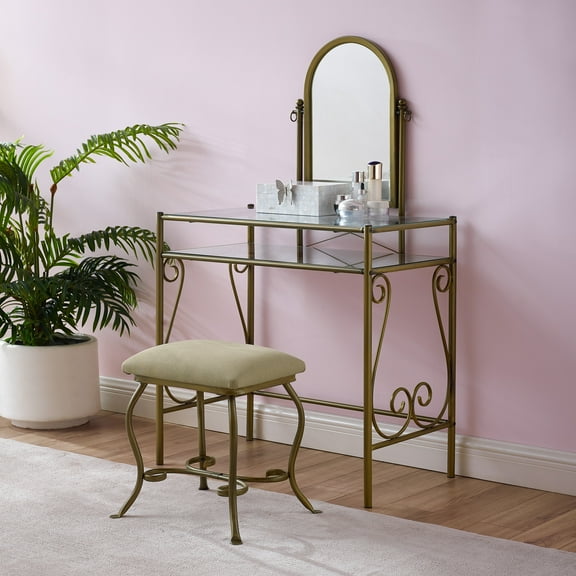 Linon Clarisse Vanity and Bench Stool Set, Antique Gold