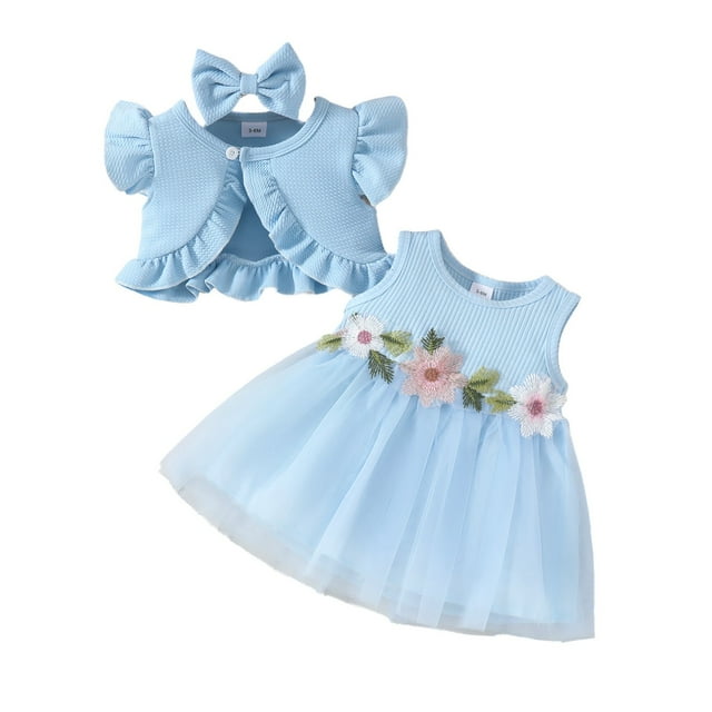 MEZZALL Ensemble 3 Pcs Manteau Court Sans Manches + Robe en Maille Florale Sans Manches + Bandeau Robe d'Été Polyvalente, Bleu, 3-6 Mois