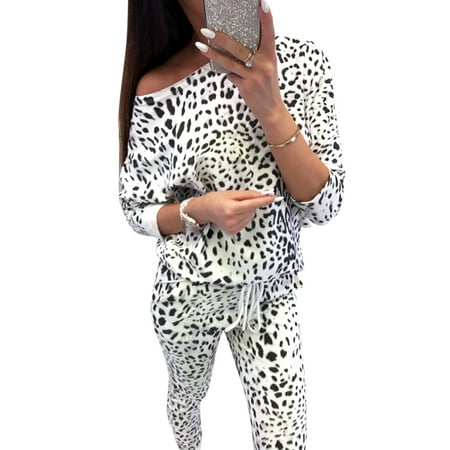 Tracksuits for Women 2 Piece Camouflage Leopard Print Long Sleeve Tops Pants Trouser Lounge Wear Casual Sport Activewear