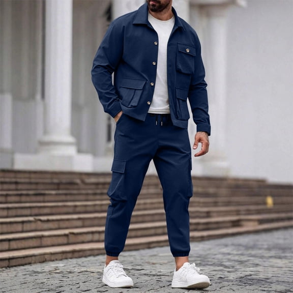 Dxzfnsa Men's 2 Piece Outfits Mens Long Sleeve Button Up Jackets and Drawsrtring Cargo Pants Fall Winter Solid Color Tracksuits