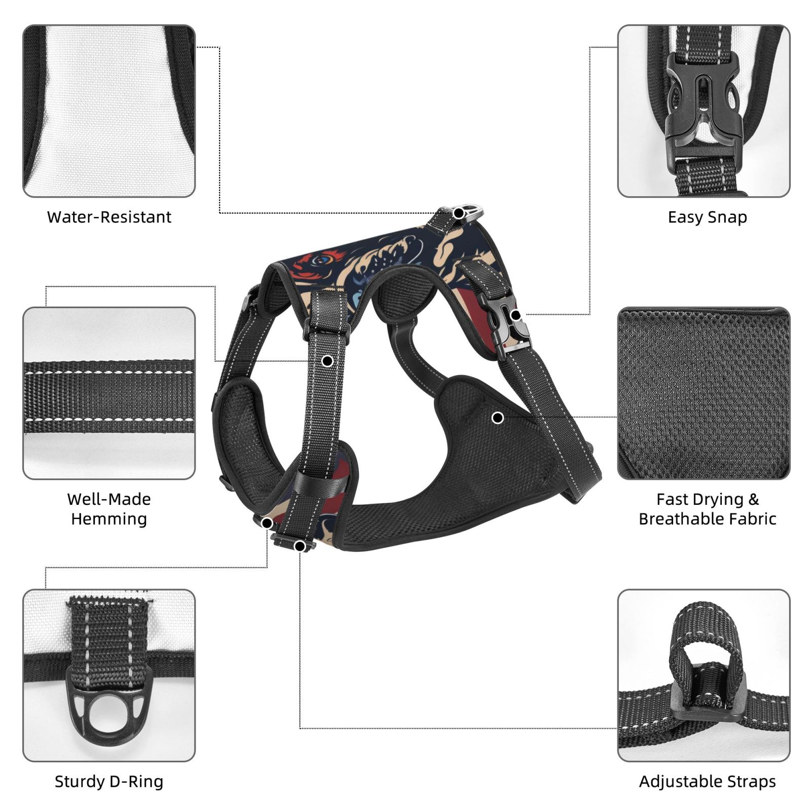 Vsdgher Patriotic Bulldog Art Dog Harness, No-Pull Pet Harness, Dog Vest, Pet Vest for Small to Large Dogs-X-Large