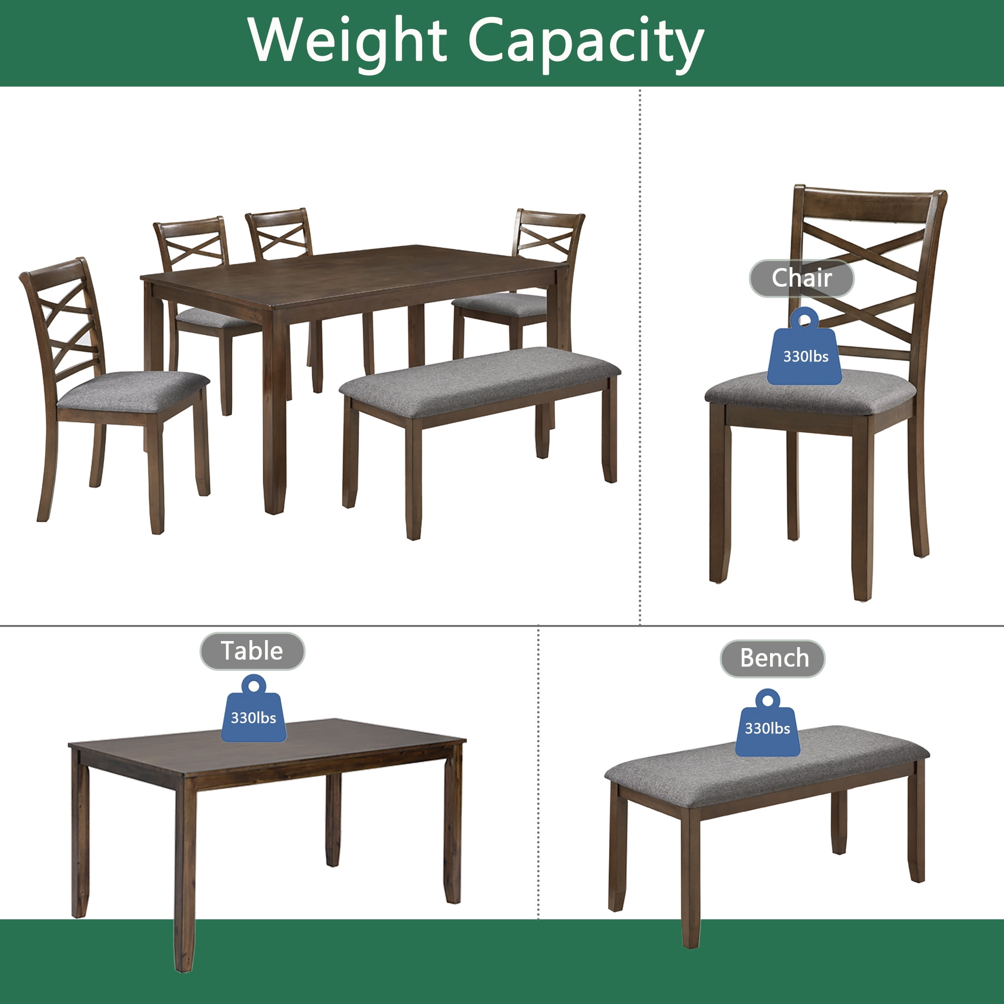 Leumius 6 Piece Kitchen Dining Set,Wood Rectangular Kitchen Table with 4 Upholstered Chairs and a Bench,Dining Table Set for 6 People,Kitchen Dining Table Set for Living Room, Home Bar and Kitchen