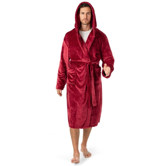 PAVILIA Mens Robe, Hooded Bathrobe for Men, Fleece Red Robe for Men with Hood, Plush Long Male Robe with Pockets, Satin Trim - Wine Red