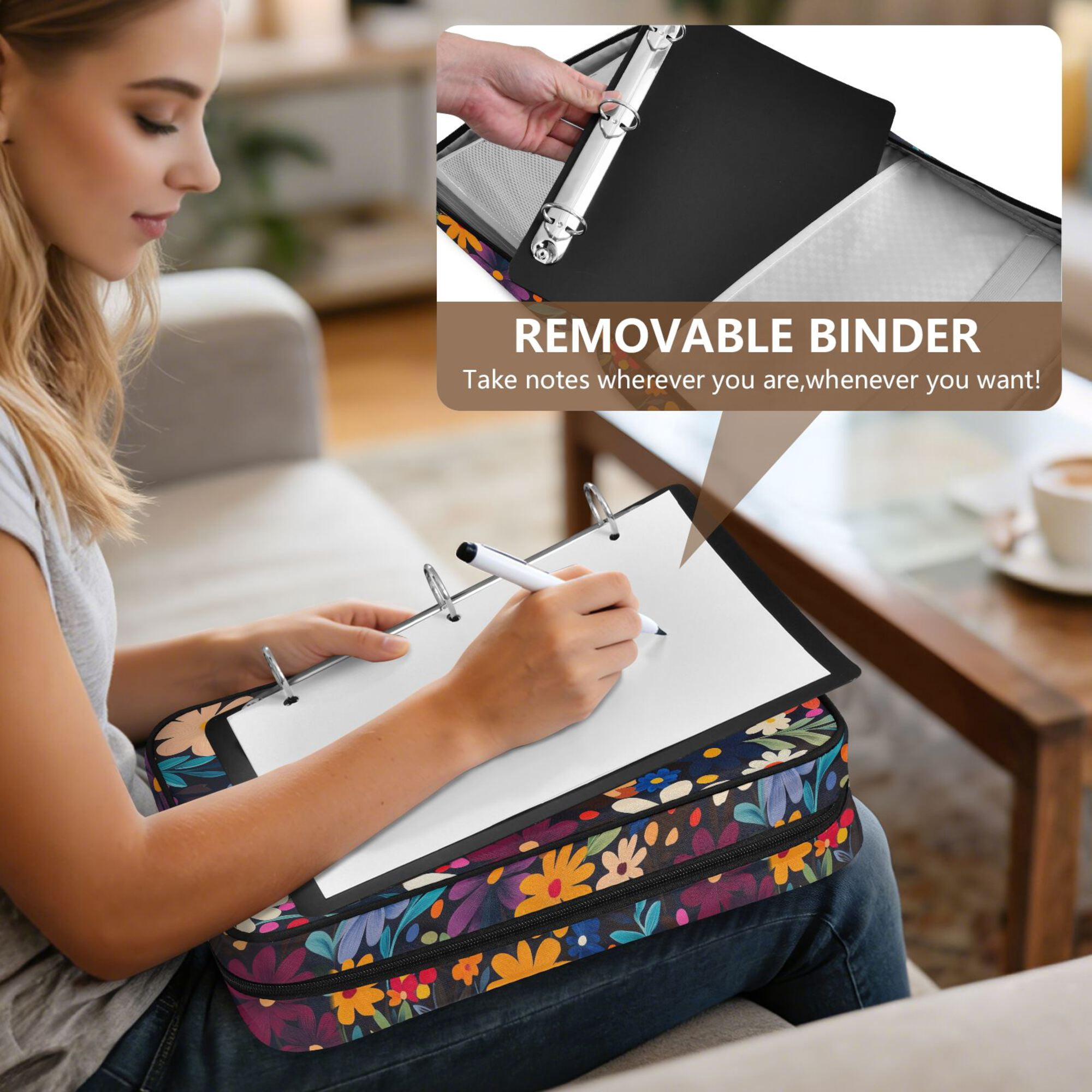 FORMRS Accordion File Folder A4 Size 7-Pocket Expanding Document Organizer Bag with 3 Ring Binder, Bright Colorful Flowers Pattern