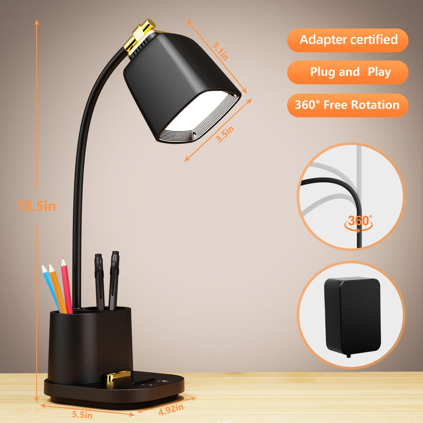 LED Desk Lamp with USB Charging Port Touch Control 3 Color Modes, Stepless Dimming, Home Office Desk Lamp, LED Small Desk Lamp in University Dormitory, Study Desk Lamp, Gooseneck Lamp