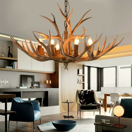 

ANQIDI 6 Head Retro Resin Antler Chandelier Brown Antler Country Style Ceiling Lamp Home Lighting Fixtures