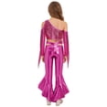 thumbnail image 2 of SiiRoh Girls Jazz Tango Disco Dance Outfit Oblique Shoulder Tassel Sequin Crop Top and Metallic Flare Pants Set Hot Pink 8, 2 of 6