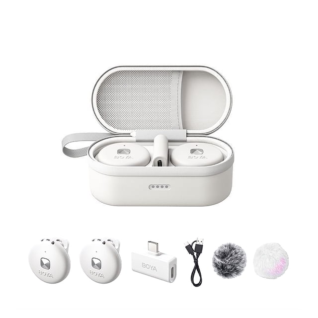 yeacher BOYA Omic Microphone Cravate Sans Fil 2-en-1 avec Connecteurs Lightning et Type-C, Réduction du Bruit, Étui de Recharge Portable, Idéal pour la Diffusion en Continu et l'Enregistrement, Blanc