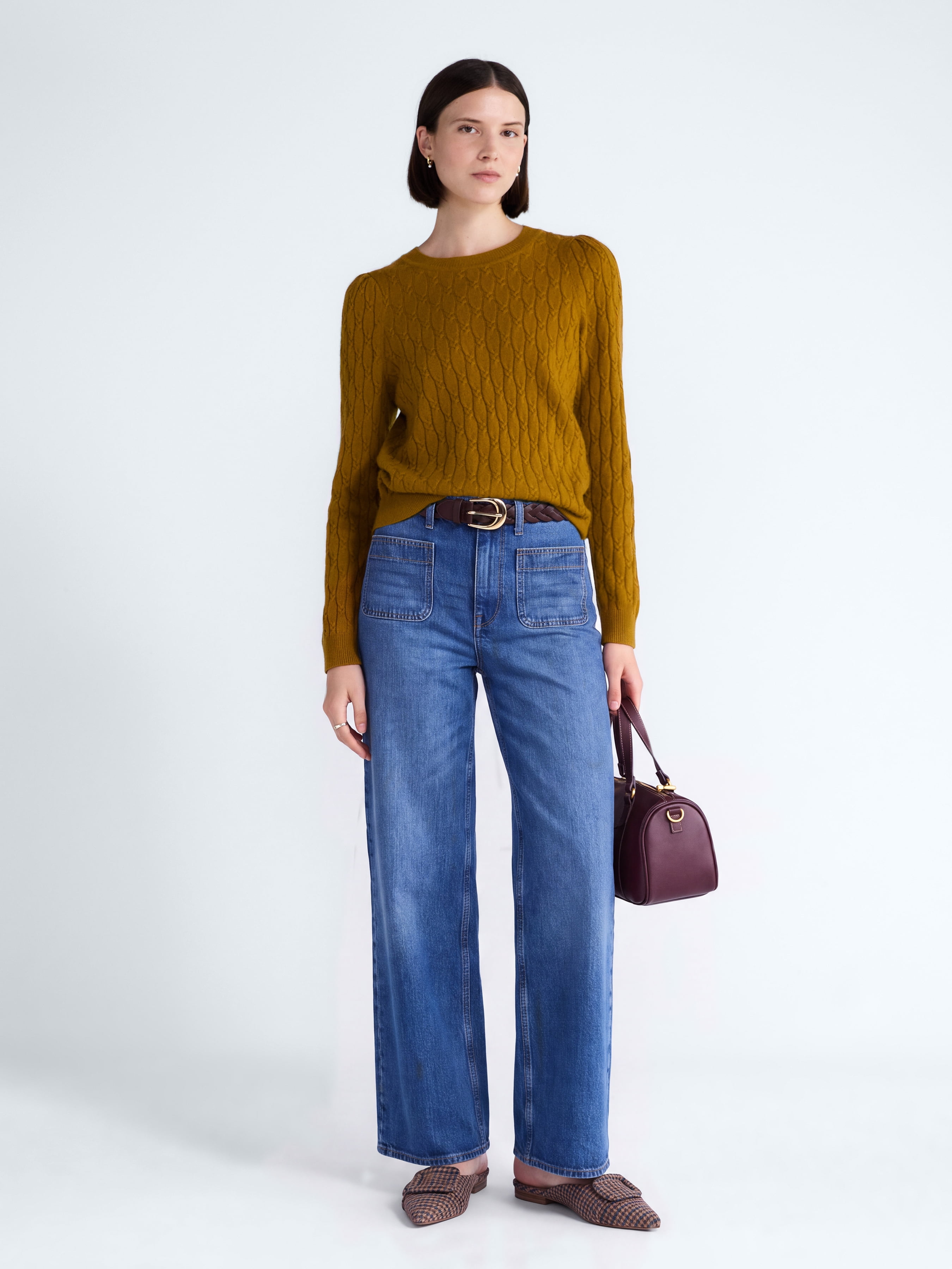 Free Assembly Women's and Women's Plus Cashmere Cable Knit Sweater with Puff Sleeves, Midweight, Sizes XS-4X