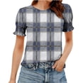 thumbnail image 2 of Echfiprom Tops for Women Puff Sleeve Navy Summer Plaid Elegant Soft Loose Womens Blouse Short Sleeve, 2 of 6
