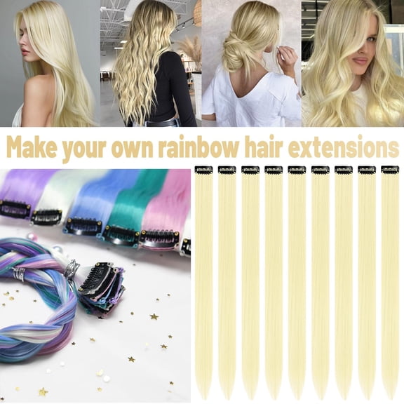 WEIF-22 inch Colored Hair Extensions, Multi-colors Party Highlights Clip in Synthetic Hair Extensions, Color Party Highlights Hairpieces for Girls Women(10 PCS Blonde)