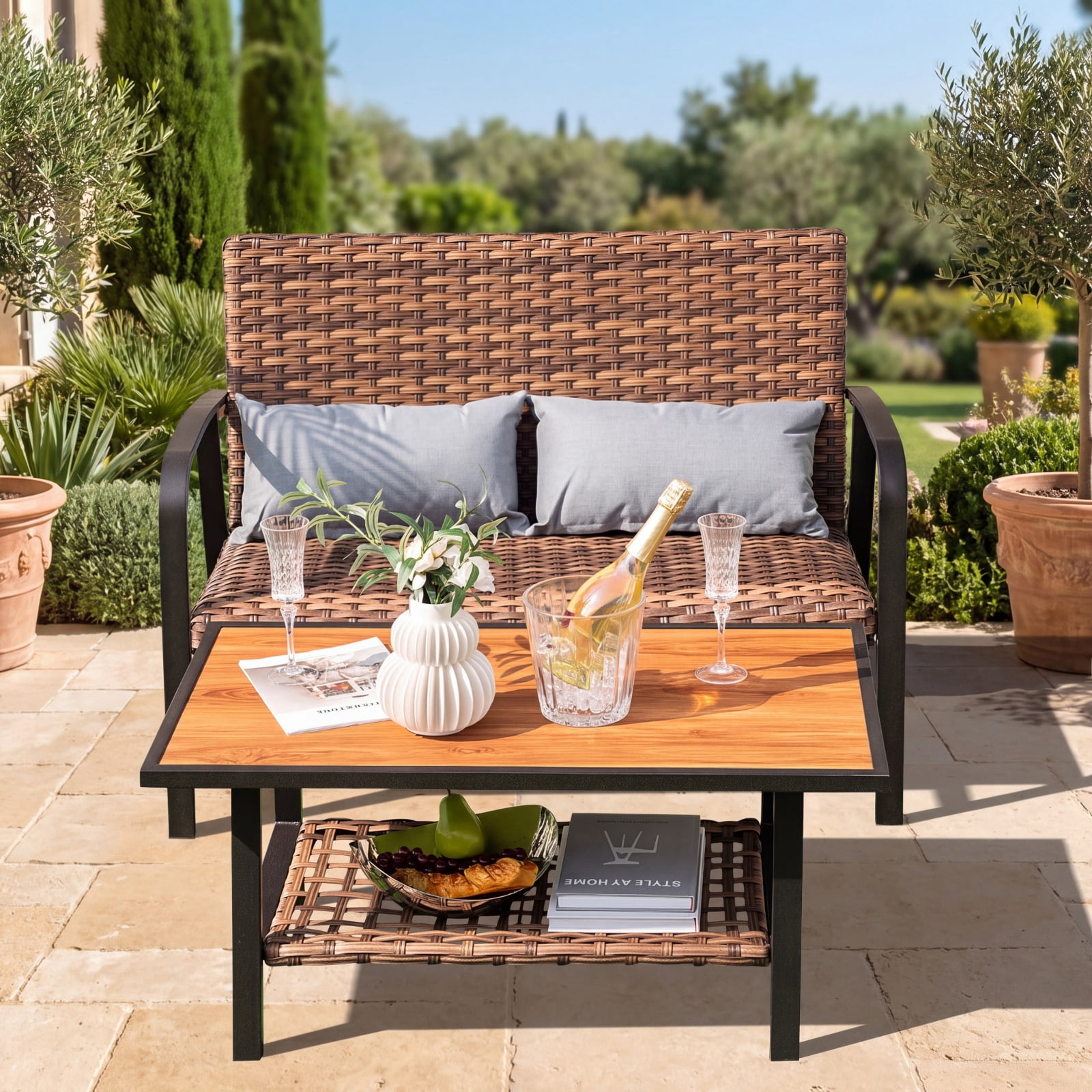 Furnibear 2 Piece Patio Rattan Coffee Table Set with Storage Shelf Quick Dry Cushioned Loveseat and Lumbar Pillows for Garden Backyard, Mix Brown