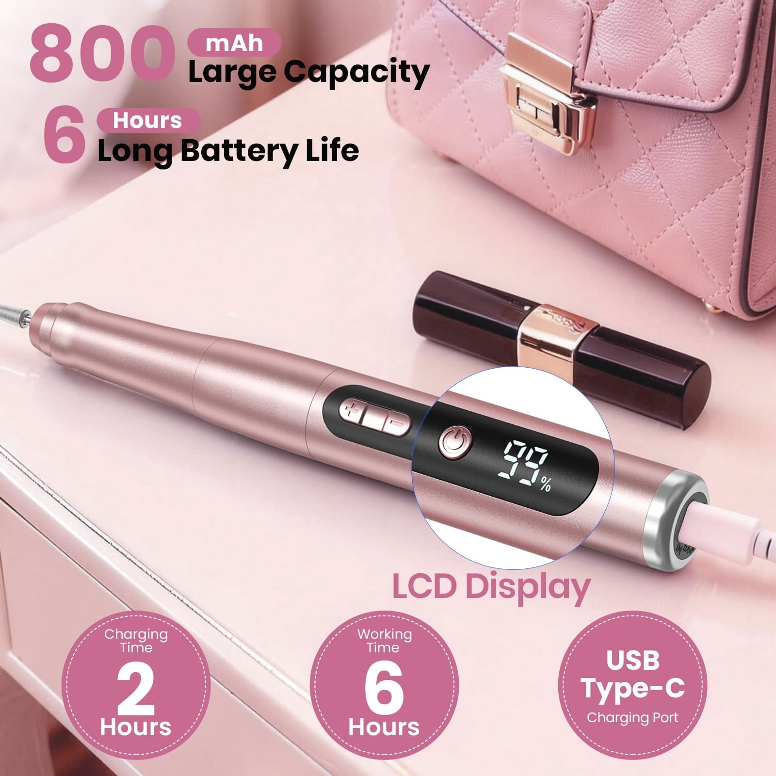Cordless 35000RPM Nail Drill, Rechargeable Electric Nail File with LCD Display, Low Noise Low Vibration Professional Manicure Pedicure Set for Acrylic Gel Nails, Hand and Foot Care