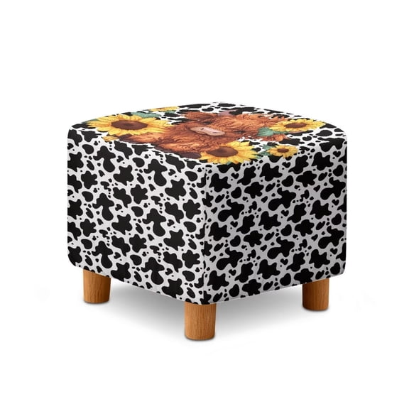 SCRAWLGOD Highland Sunflower Cow Print Square Ottoman Cover 13x13x15 inch Polyester Washable Ottoman Slipcovers Stretch Foot Stool Foot Rest Protector for Living Room Bedroom