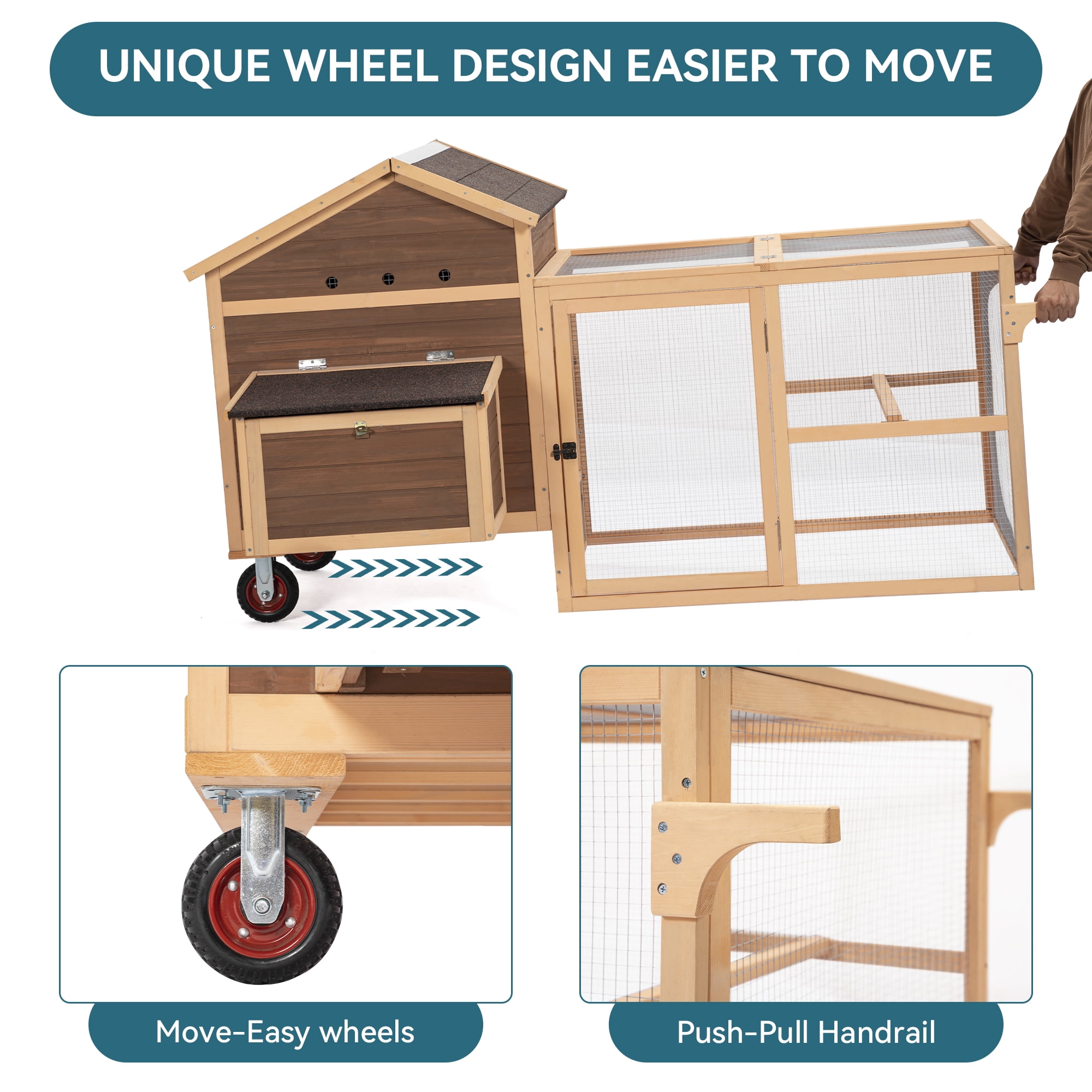 Pefilos 80" Rabbit Hutches with Wheels and Handrails, Outdoor Hen House with Nesting Box, Rabbit Cages for Removable Bottom, Poultry Cage, Brown Pefilos 80" Rabbit Hutches with Wheels and Handrails, Outdoor Hen House with Nesting Box, Rabbit Cages for Removable Bottom, Poultry Cage, Brown