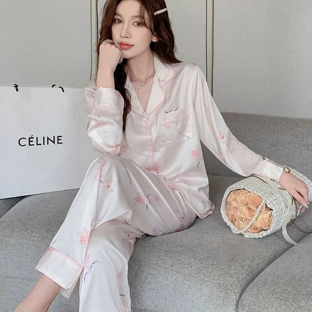 Conjunto de ropa de dormir para mujer, pijama de satén de manga larga con estampado para fiesta de Navidad, primavera y otoño, novedad