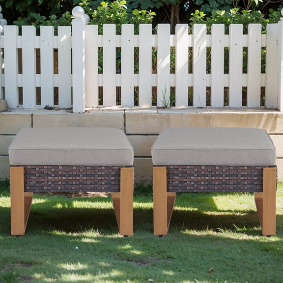 Giantfurnni Patio Ottomans Set of 2, Outdoor Wicker Footrests for Porch Deck Balcony