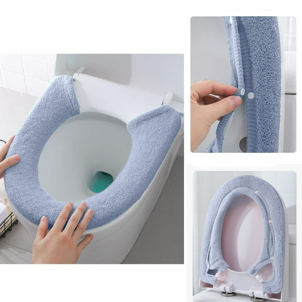 Toilet Seat Cover Bathroom Soft Thicker Warmer With Snaps Fixed Stretchable Washable Fiber Cloth Toilet Seat Covers Pads Reusable Easy Installation Cleaning