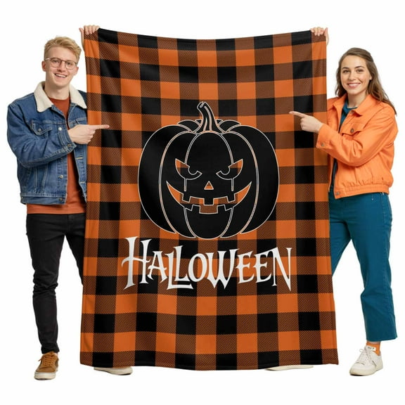 Halloween Pumpkin Flannel Blanket for Bed,Travel and Camping, Open Mouth Orange Black Check Plaid Super Soft Cozy Blanket for All Seasons 40"x50"