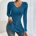 thumbnail image 3 of Scyoekwg Fall Tops for Women Long Sleeves V-Neck Split Hem Tee Top Basic Ribbed Knit Slim Fit T-Shirts Fall Clothes Lightweight Solid Color Blouses (Blue,L), 3 of 6