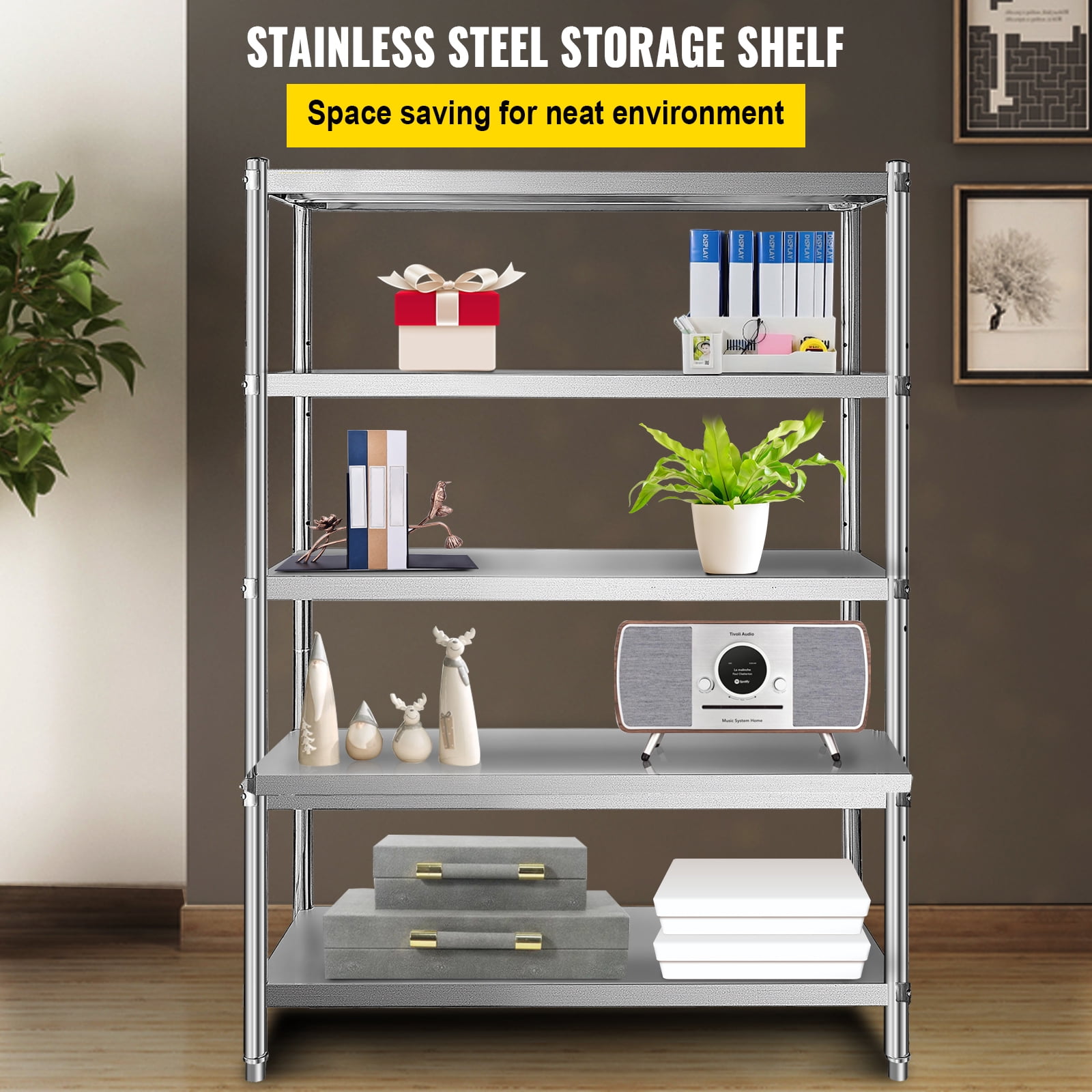 KFFKFF 48x18.5 inch 5 Stainless Steel Shelving Tier Unit Stainless Steel Heavy Duty Shelving Adjustable Shelf Storage for Kitchen Commercial Office Garage Storage 330lb per shelf