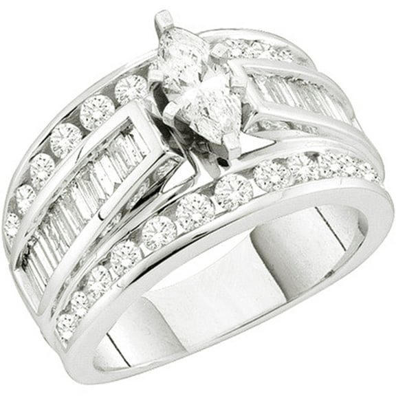 Dazzlingrock Collection 2.00 Carat (ctw) 14K Round, Baguette & Marquise White Diamond Ladies Engagement Ring, White Gold