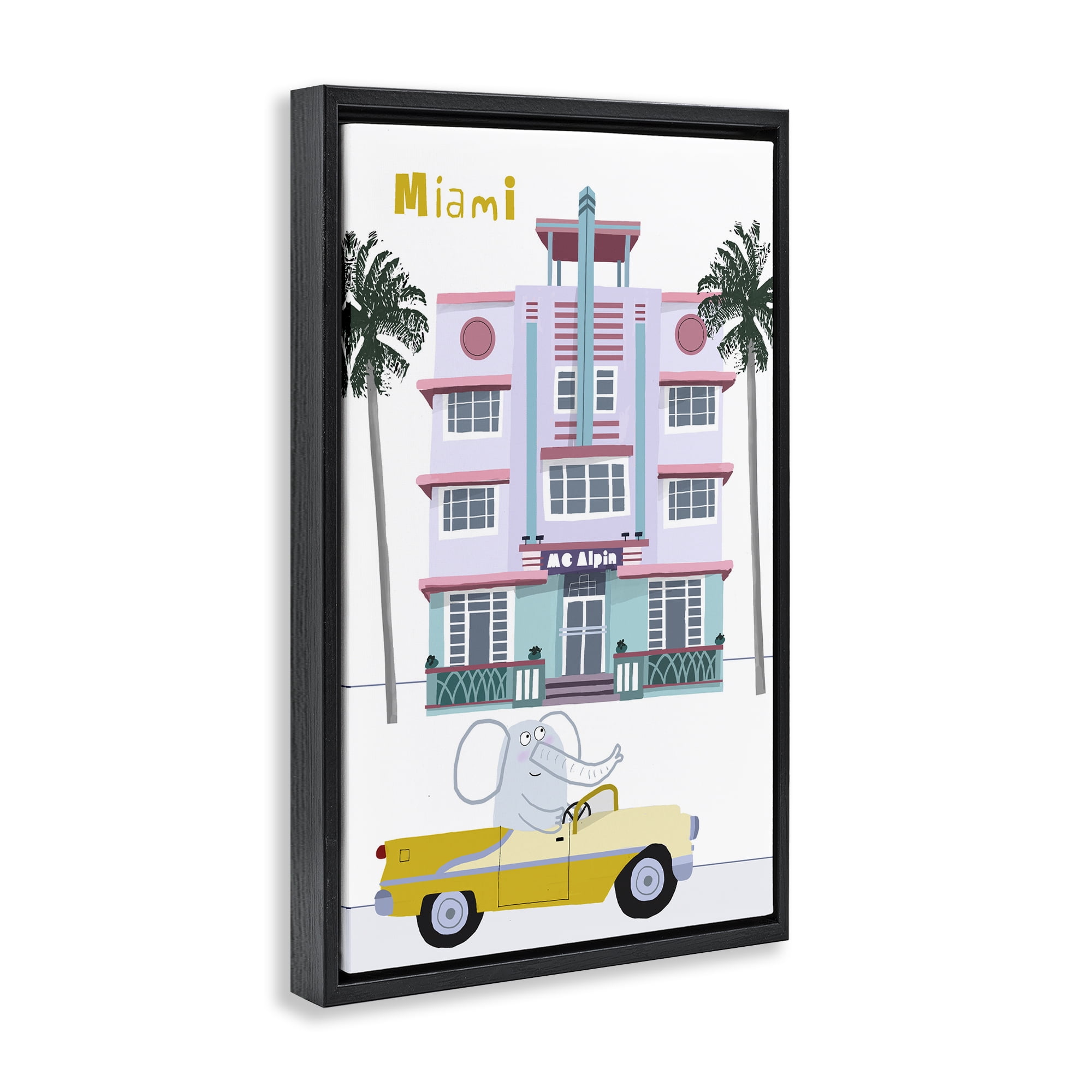 Elephant & Miami Hotel Black Framed Floater Canvas Wall Art, design by Carla Daly