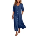 thumbnail image 2 of Ayolanni Fall Dresses V Neck Babydoll 3/4 Sleeve A-Line Maxi Dresses Beach Button Down Solid Hawaii Long Dress with Pockets Blue XXXL, 2 of 7