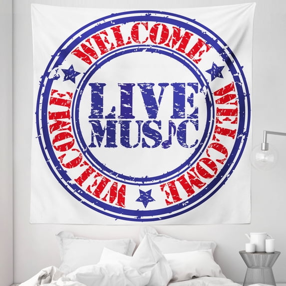 Popstar Party Tapestry, Grunge Damaged Looking Welcome Live Music Rubber Stamp Festival, Fabric Wall Hanging Decor for Bedroom Living Room Dorm, 5 Sizes, Blue Red White, by Ambesonne