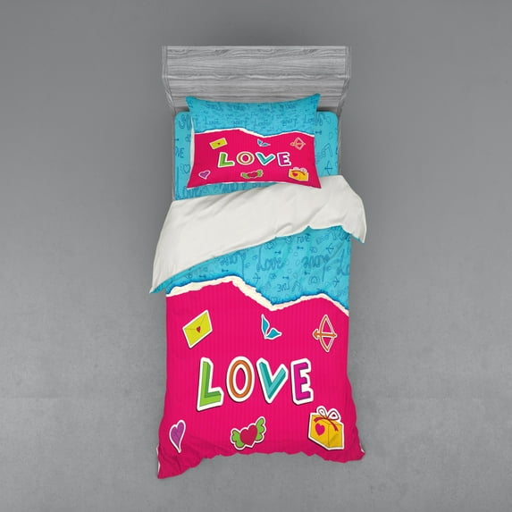 Love Duvet Cover Set, Valentine`s Day Themed Composition with Torn Paper Effect Romantic Cartoon Elements, Bedding Set with Shams and Fitted Sheet, 3 Sizes, by Ambesonne