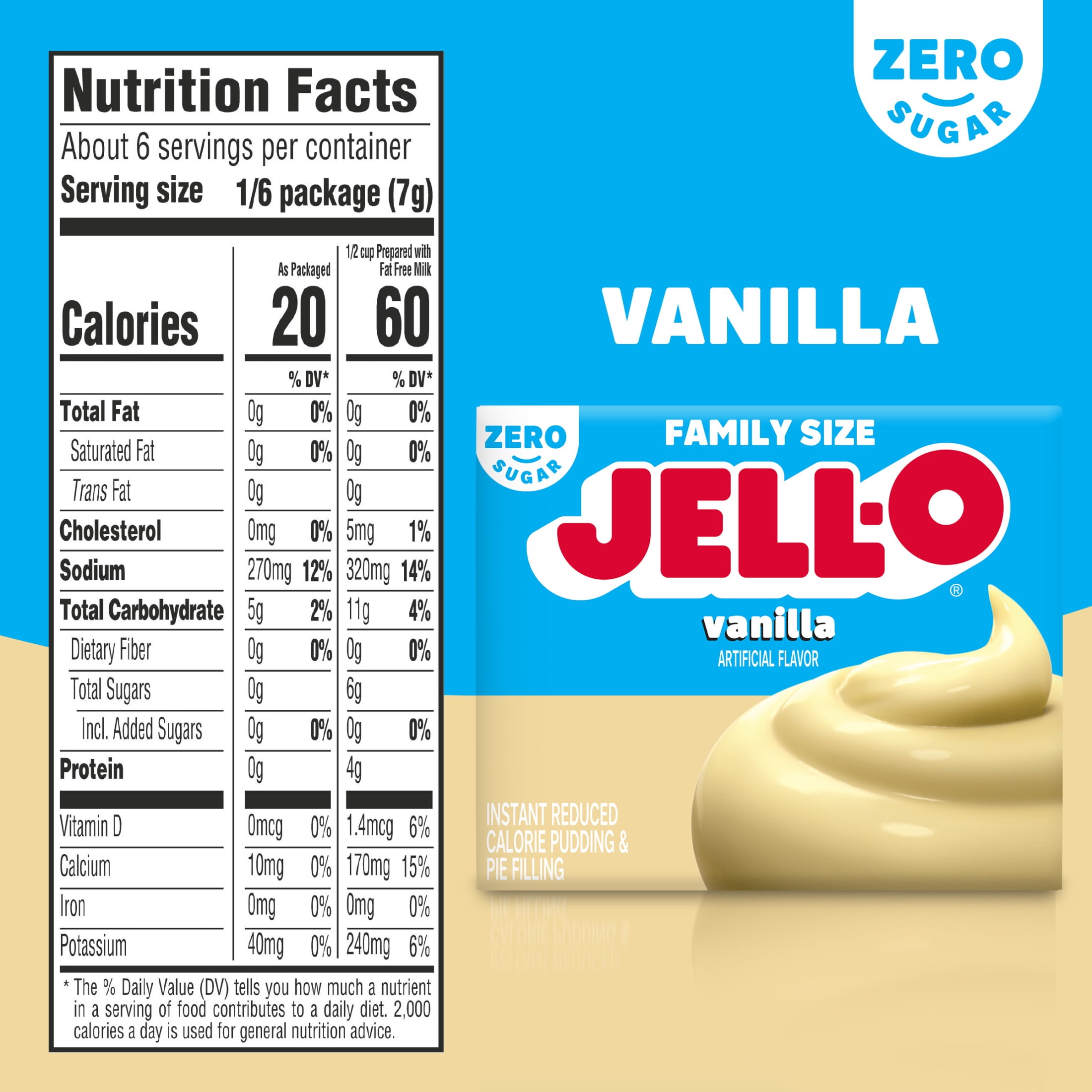 (24 pack) Jell-O Vanilla Zero Sugar Instant Reduced Calorie Pudding & Pie Filling Mix, Family Size, 1.5 oz Box