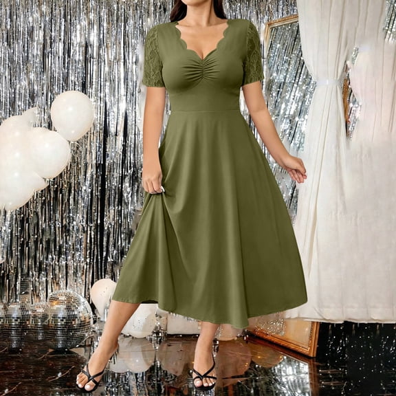 Ayolanni Short Sleeve Women Summer Dresses Solid Casual V-Neck Maxi A-Line Dress Fitted Waist Wedding Guest Dressy Lace Patchwork Vacation Sundress Green L