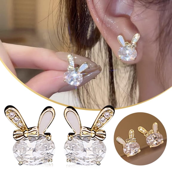 FENGGHAO Easter Bunny Earrings Synthetic Opal Star Studs Small Cute Animal Jewelry for Women Festive Holiday Spring Accessories