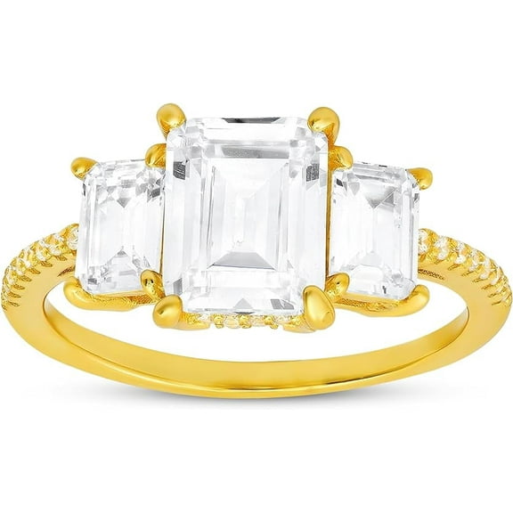 14k Yellow Gold Over Silver 3-Stone Emerald-cut Diamond Cubic Zirconia Ring | Engagement Ring, Wedding Rings for Women