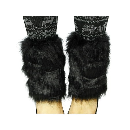 Women's Winter Faux Fur Leg Warmers Warm Fuzzy Boots Cuffs Cover, 1434_Black