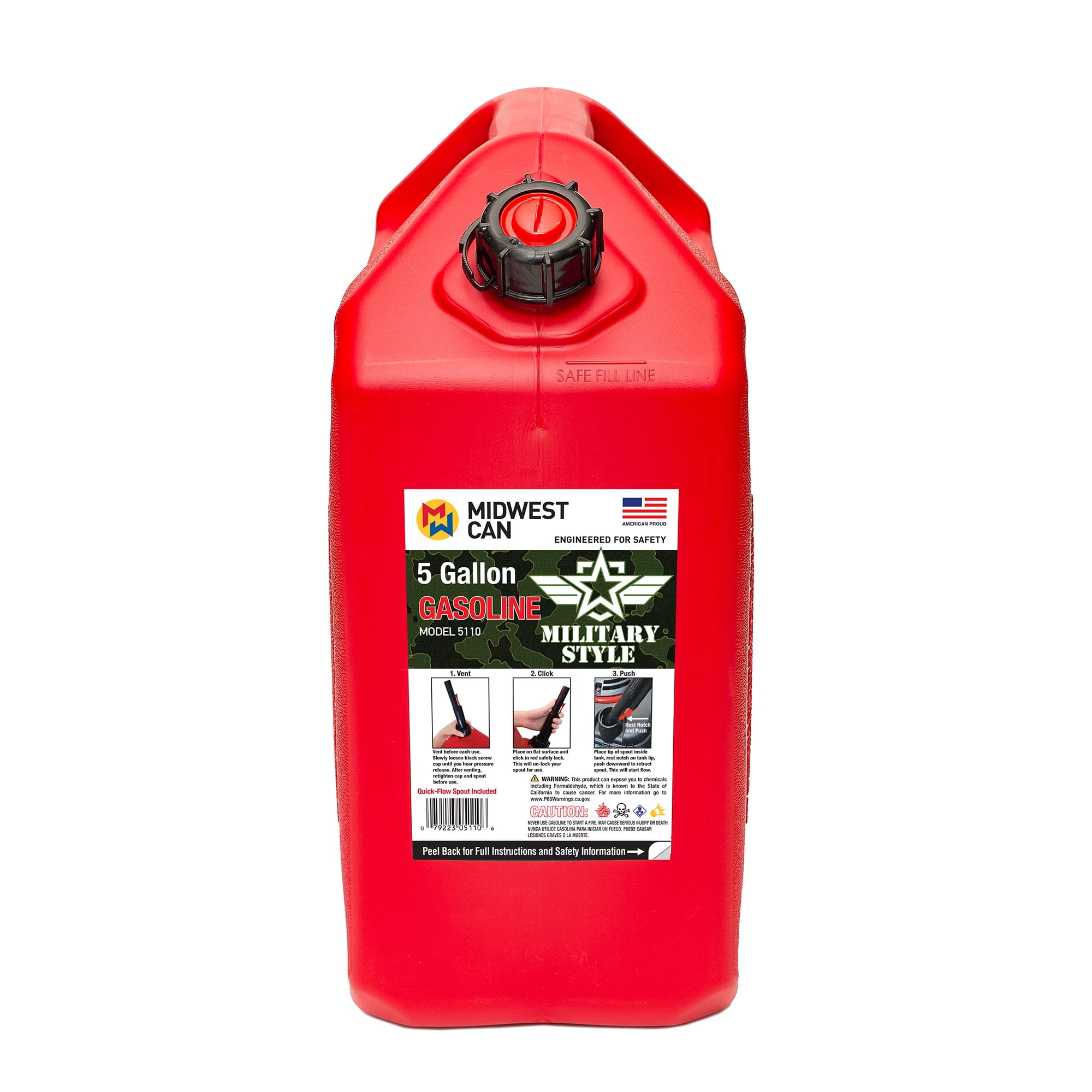 Midwest Can 5110 plastic Military Style gas can 5 gallon capacity, Plastic Military Style Gasoline, Red
