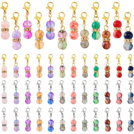 48pcs 12 Colors Round Bead Dangle Charms 1.3 Inch Pendant Glass Beads with Golden/Silver Lobster Claw Clasps Dangle Pendants for Jewelry Keychain Stitch Markers Making