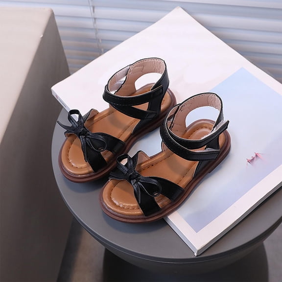 Eltusu Girls Sandals, Soft Sole Open Toe Beach Non-Slip Summer Shoes Black Size 5-5.5 T