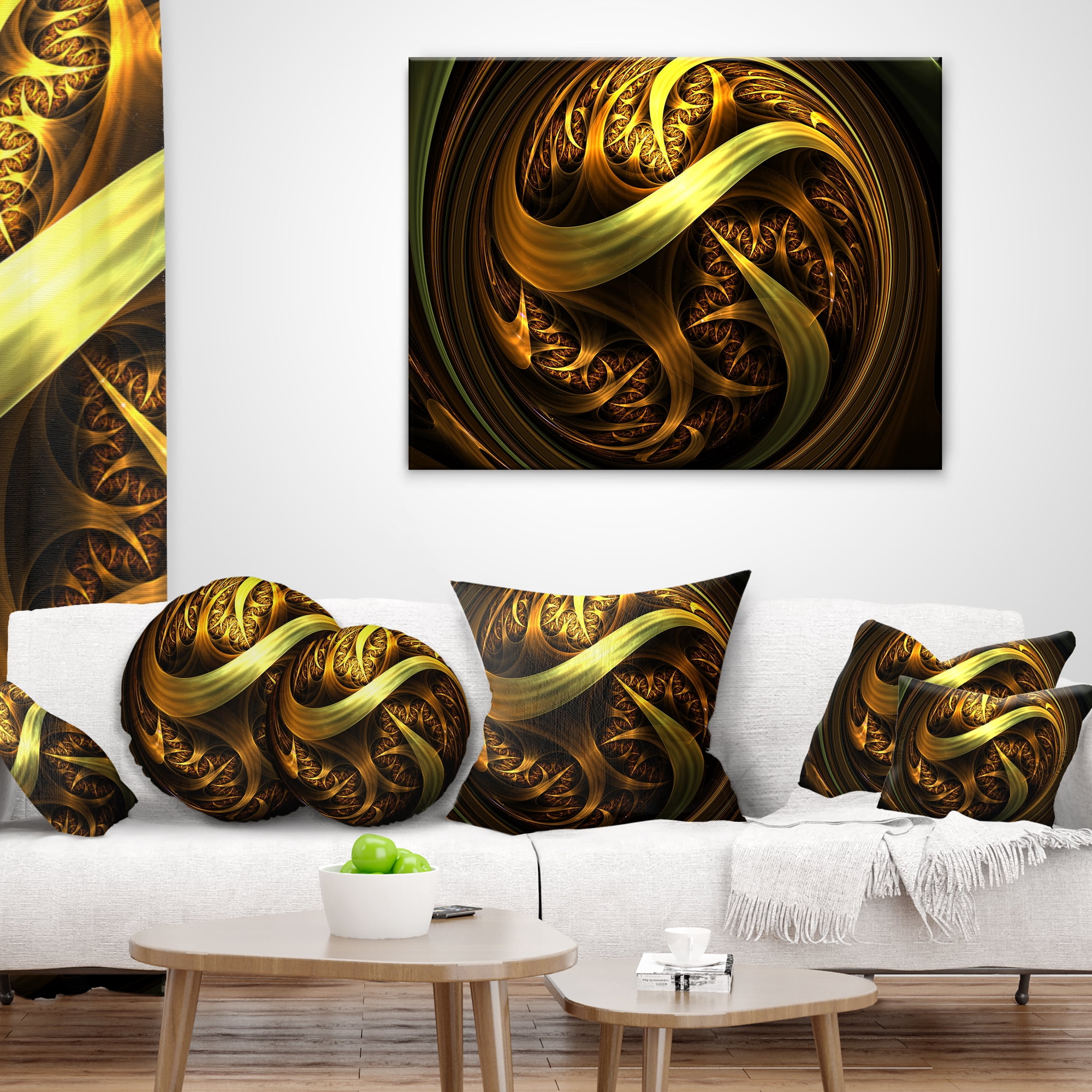 Designart Golden Fractal Sphere in Dark - Abstract Throw Pillow - 16x16
