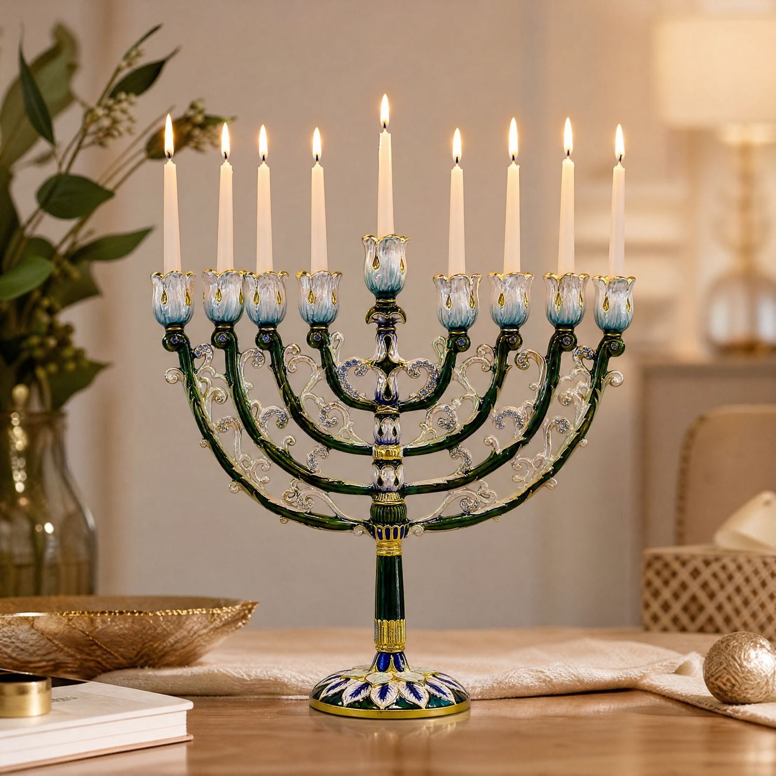 Floral Candelabra Candle Holder 9 Branch Metal Candle Stand with Enamel Finish and Rhinestone Accents Vintage Tabletop Centerpiece Decorative Candle Holder for Mantel Shelf Holiday Home