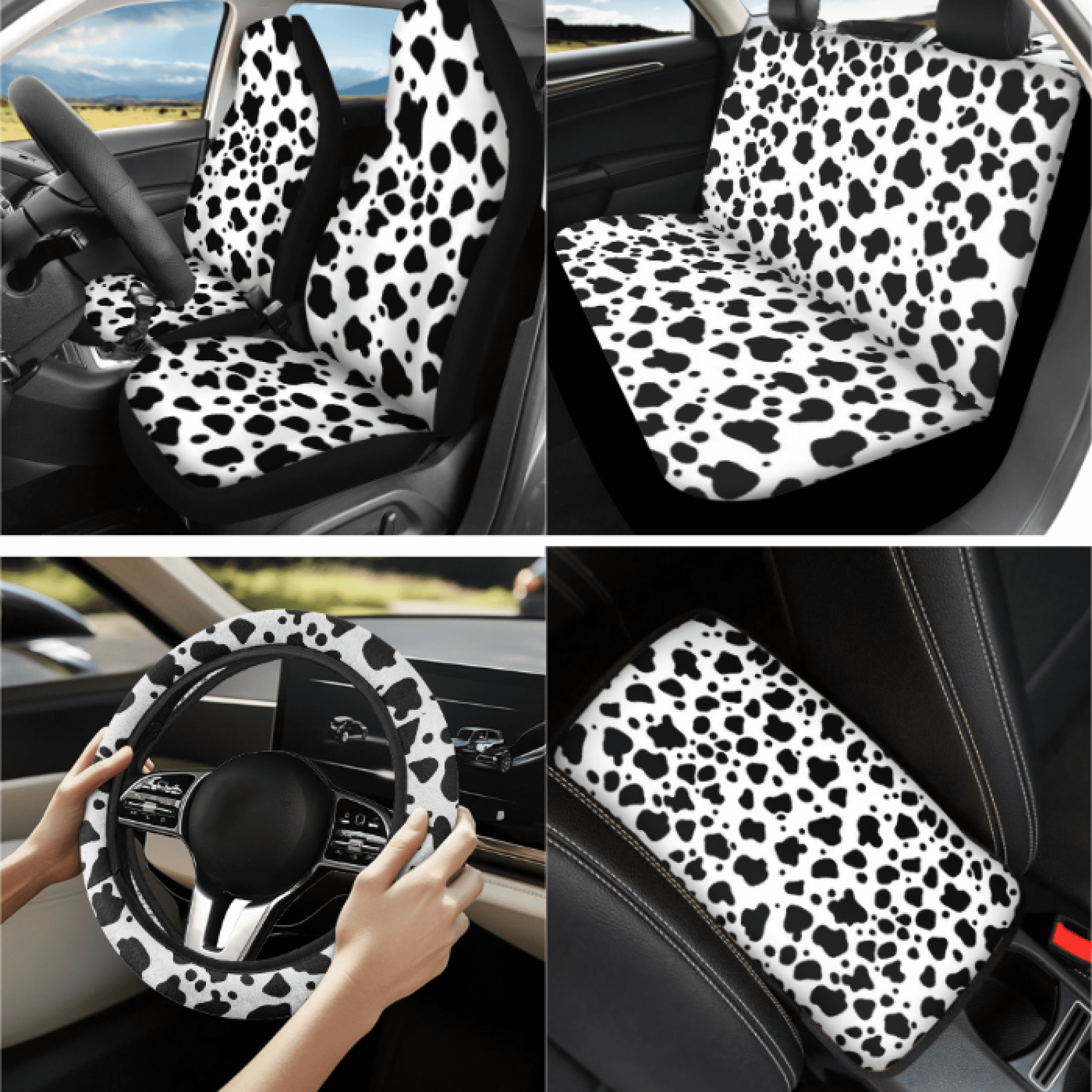 Binienty Black and White Spots Car Seat Cover Full Set, with Keychain Key Ring Car Front Rear Seat Covers Cup Holder Coasters Steering Wheel Cover