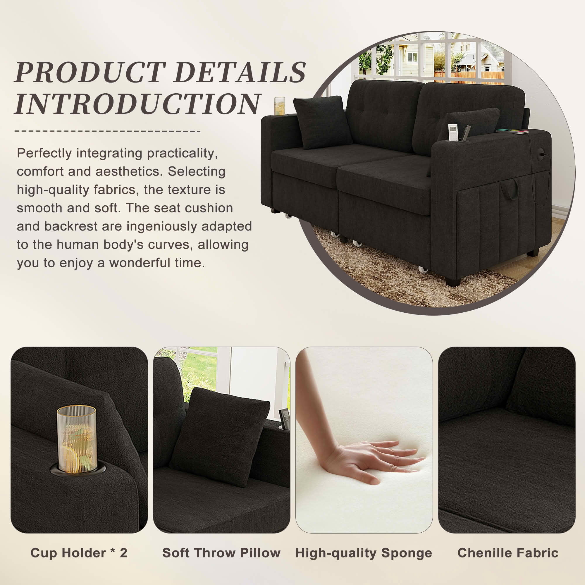 MAYEERTY Modern 3-Seat Chenille Sofa, Wood Frame Sectional Couch with USB Charging, Cup Holder & Storage Function for Home Small Space Living Room