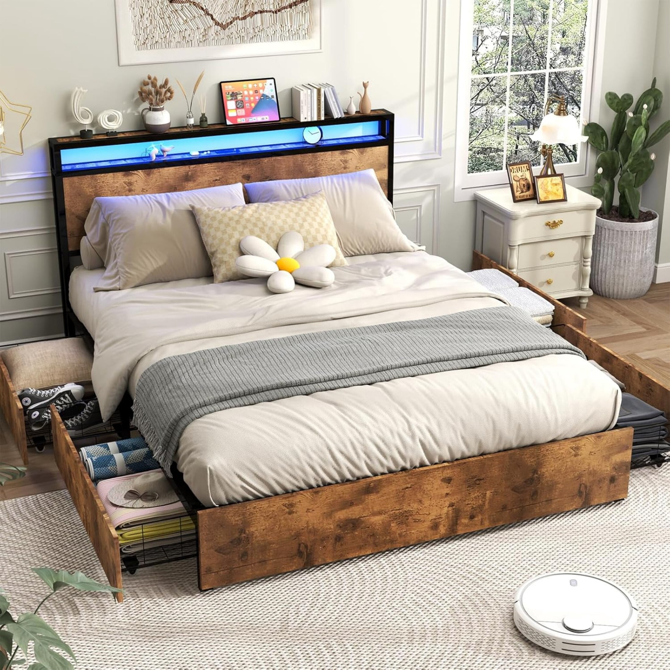 AENKYO Queen Size Bed Frame with LED Lights and Charging Station, Bed with 4 Drawers, Rustic Brown