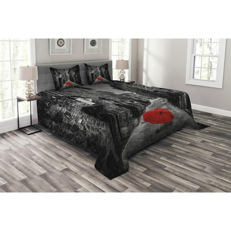 Tuscany Bedding - Black and White Bedspread Set, Red Umbrella on a Dark Narrow Street in Tuscany Italy Rainy Winter, Decorative Quilted Coverlet Set with Pillow Shams Included, Grey Vermilion, by Ambesonne