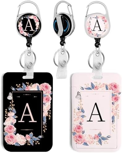 2 Pack A-Z Letter ID Badge Holder with Clip Badge Reels Retractable Heavy Duty,Keychain，ID Holder for School Nurse Office A