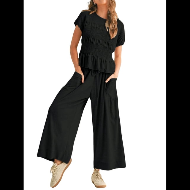 Conjunto de Dos Piezas para Mujer: Top Fruncido y Pantalón Conjunto Informal Bohemio de Cintura Alta con Bolsillos Negro XL