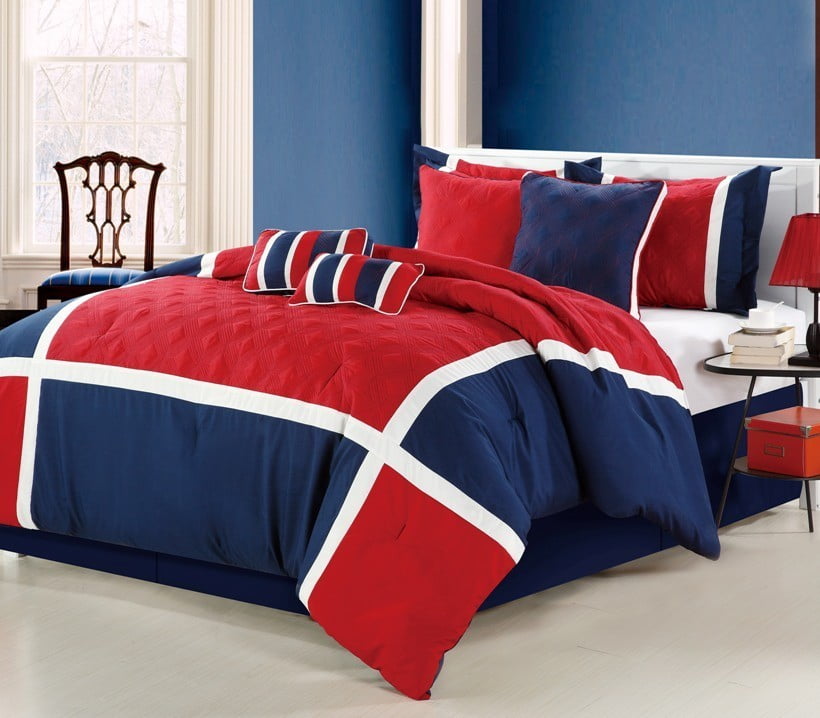 2562 Queen Black 12pc Quincy Red Navy Luxury Bedding Set
