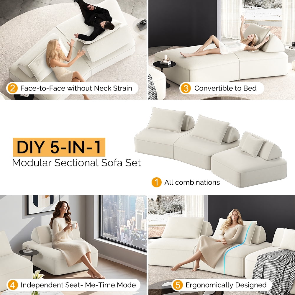 Leumius 139" Oversized Modular Sectional Sofa,DIY Upholstered Fluffy Chenille Sofa with Removable Backrests and Soft Pillows,Deep Seat Couch & Sofa Bed for Living Room,Office,Beige