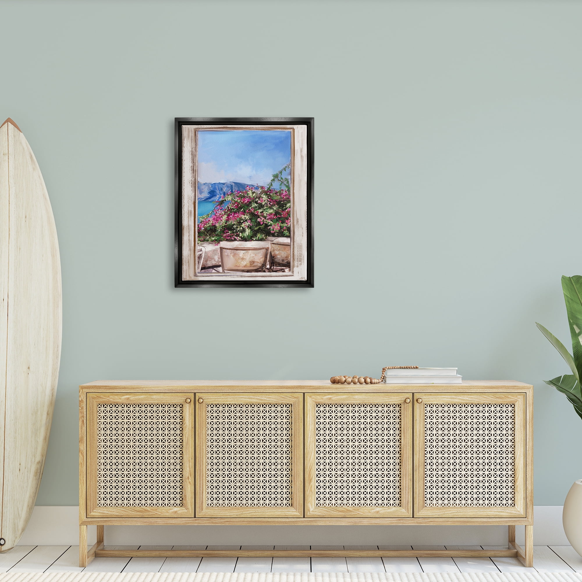 Stupell Industries Through Window View Seaside Flower Garden Scene Painting Jet Black Floating Framed Canvas Print Wall Art, Design by Ziwei Li