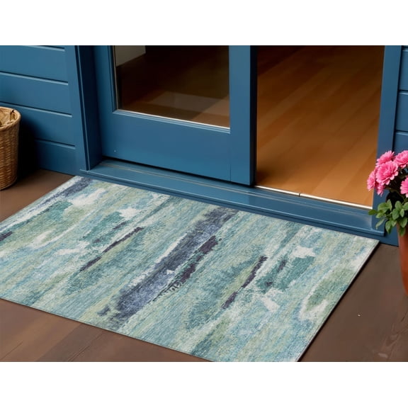HomeRoots 612479 3 x 5 ft. Sage, Teal Blue & Navy Blue Abstract Washable Indoor & Outdoor Rectangle Area Rug